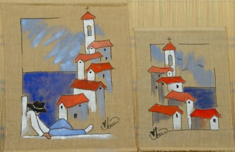 tableau toile de jute modèle village