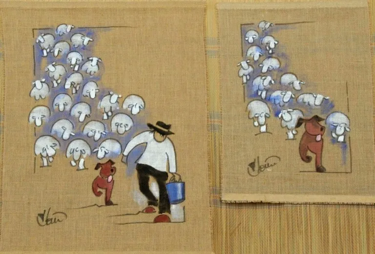 tableau toile de jute modèle troupeau de brebis